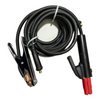 A coiled black welding cable with a ground clamp on one end and a red-handled clip on the other, secured with a white tie-strand, on a plain white background.