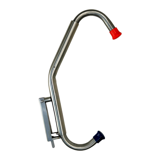 Metal ladder with red and blue steps on a white background