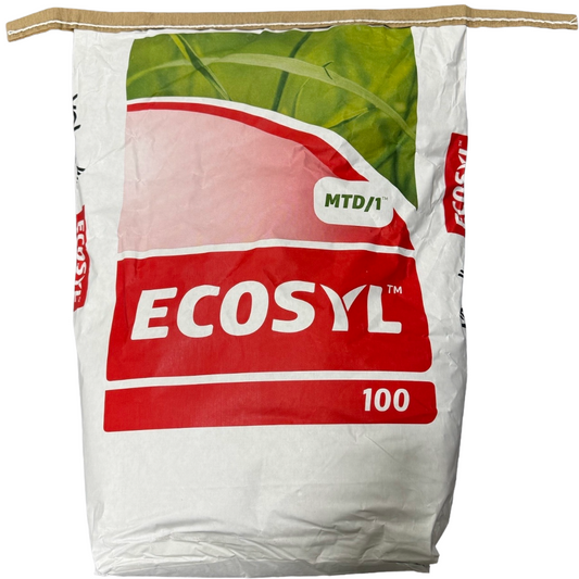A white plastic bag of Ecosyl 100 MTD/1 fertilizer, featuring a prominent red and white logo block with green leaf graphics at the top, sealed with a brown paper header.