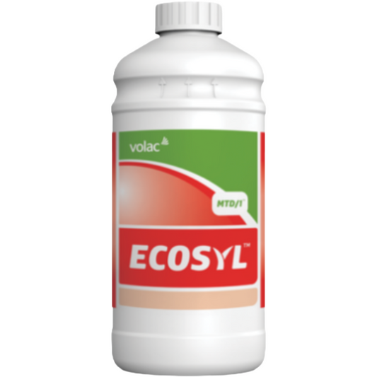 A white plastic bottle of Volac Ecosyl MTD/IT agricultural liquid with a green, red, and white label, isolated on a white background.