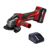 Red and black angle grinder with battery and charger on a white background