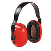 Red and black over-ear hearing protection earmuffs on a solid white background.