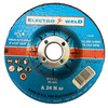 A circular blue and orange Electro Weld steel angle grinder cutting wheel with a silver metal center hub, featuring technical specifications and safety icons.
