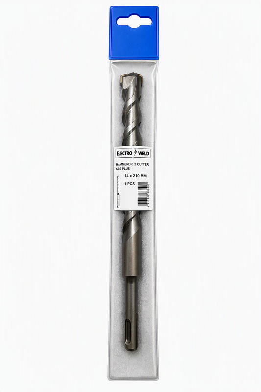 A packaged drill bit set on a plain white background. The product is a 14 x 210 mm hammer drill bit with a silver metal body and a blue plastic header card.