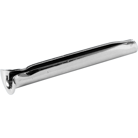A single silver metal screw with a slotted head, shown diagonally on a plain white background.