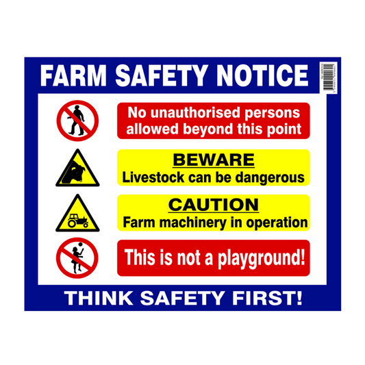 Farm safety notice sign with various warning symbols and text on a blue border.