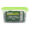Container of FarmStokk screw-in insulator and fitting tool with green lid and label.