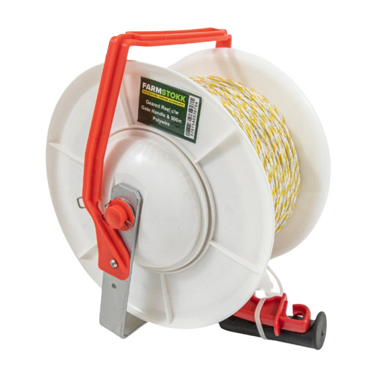 White reel with red handle and yellow cable, branded 'Farmstoxx', on a white background