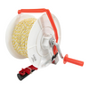 White reel with yellow rope and red handle on a white background
