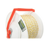 Reel of yellow rope with a red handle on a white background