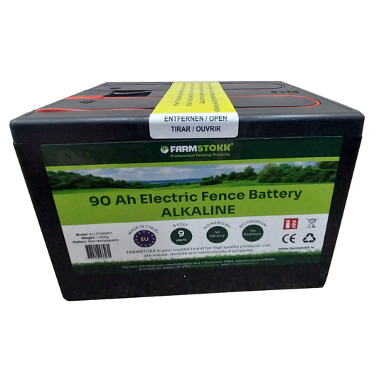 FarmStokk 90 Ah Electric Fence Battery packaging on a white background