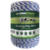 A spool of Farmstokk Fencing Poly Wire, 200 m x 3 mm, featuring blue, white, and gray twisted strands. The product is wrapped in a dark green paper label showing cows in a field.