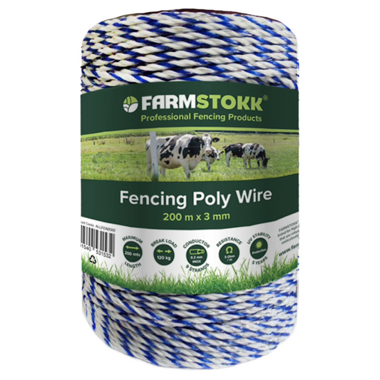 A spool of Farmstokk Fencing Poly Wire, 200 m x 3 mm, featuring blue, white, and gray twisted strands. The product is wrapped in a dark green paper label showing cows in a field.