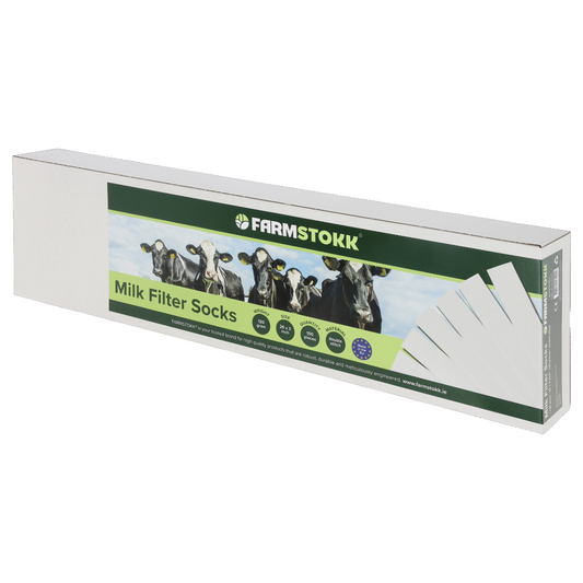 Box of FarmStokk milk filter socks on a white background
