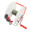 Farm tool with white reel and red handle on a white background