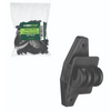 A package of  a Farmstokk Heavy Duty Claw Insulator 25-pack shown next to a single black plastic claw insulator on a white background.