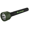 A Farmstokk flashlight with an olive green head and a black handle, featuring the green Farmstokk logo printed on the side, set against a plain white background.