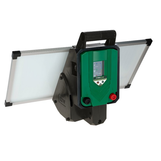Green and black electronic device with a digital display on a white background