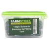 Container of FarmStokk screw-in insulator and fitting tool with green lid on a white background