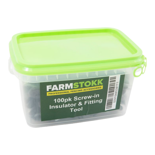 Container of FarmStokk screw-in insulator and fitting tool with green lid on a white background