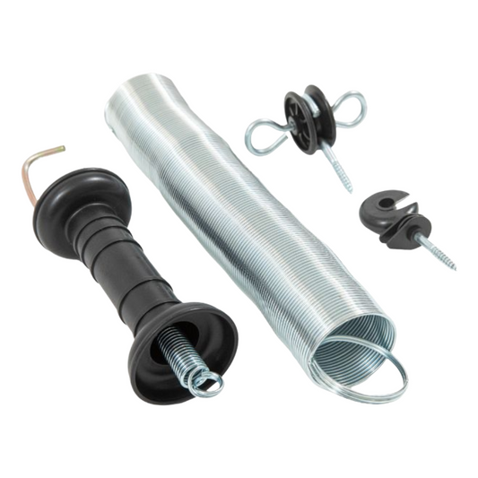 Mechanical components including a metal spring, black plastic parts, and small metal components on a white background.