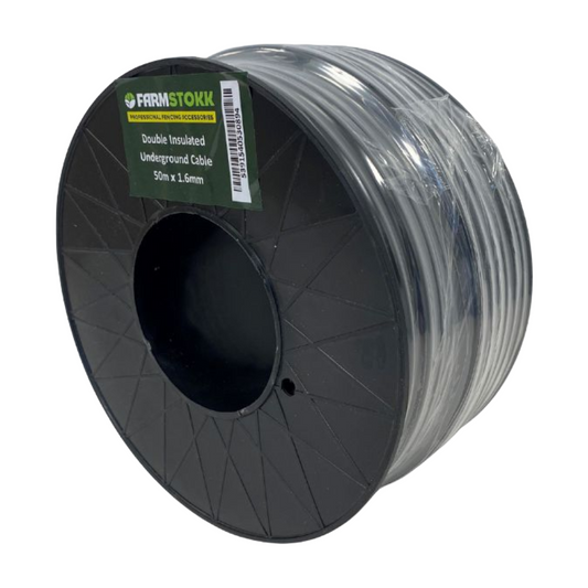 Spool of double insulated underground cable with FarmStoxk label on a white background