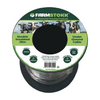 A spool of Farmstokk Double Insulated 25m under ground cable, featuring a black spool with a green and white paper label showing cows and product specifications.