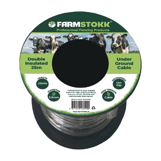 A spool of Farmstokk Double Insulated 25m under ground cable, featuring a black spool with a green and white paper label showing cows and product specifications.