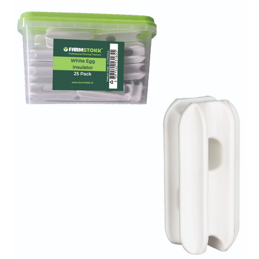 A 25-pack of Farmstokk White Egg Insulators shown in a clear plastic tub with a green lid and label, alongside a single white plastic egg insulator displayed upright on a white background.