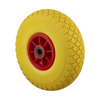 Yellow wheelbarrow wheel with red hub on a white background