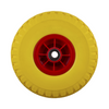 Yellow wheelbarrow wheel with red hub on a white background