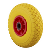 Yellow wheelbarrow wheel with red hub on a white background