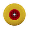 Yellow wheelbarrow wheel with red hub on a white background