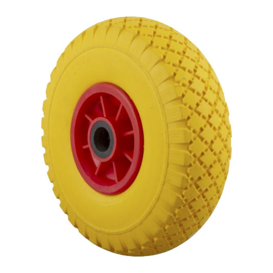Yellow wheelbarrow wheel with red hub on a white background