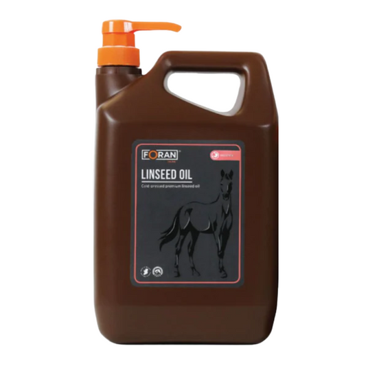Brown bottle of Foran Linseed Oil with orange pump on a white background