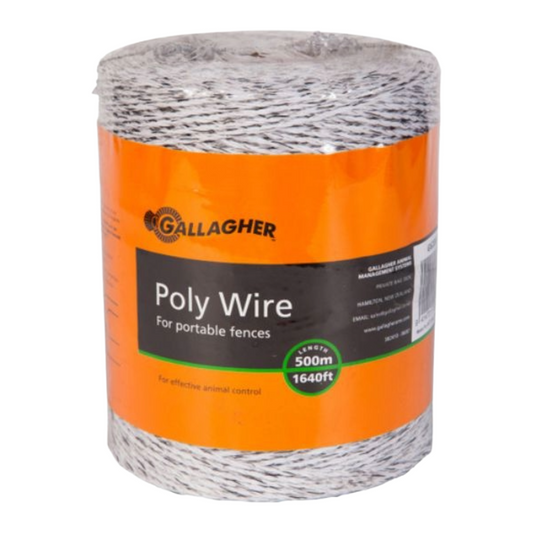 Roll of Gallagher poly wire on a white background