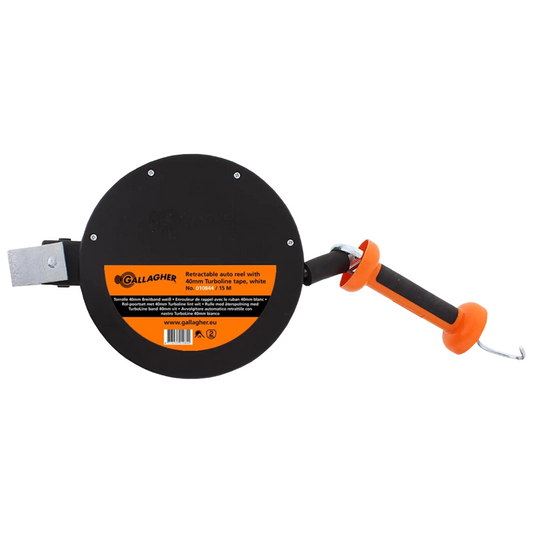 Retractable cable reel with orange handle on a white background