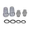 Set of metal plumbing fittings and washers on a white background