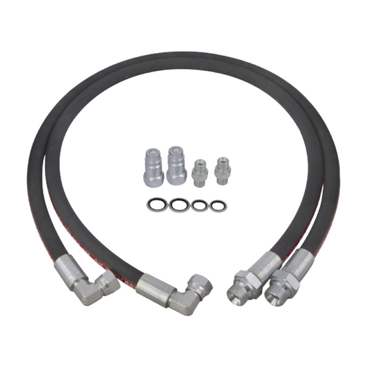 Set of black hydraulic hoses with metal connectors and washers on a white background