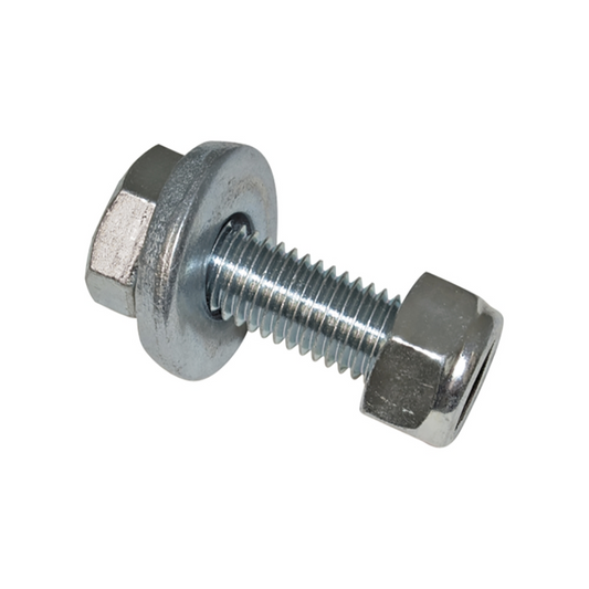 Metal bolt with hex nuts on a white background