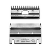 Two Heiniger hair clipper blades on a white background