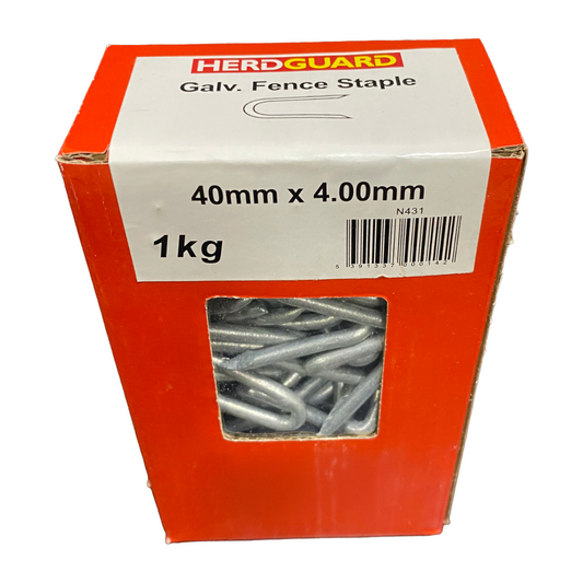 Box of HerdGuard Galv. Fence Staples with clear window showing contents on a white background