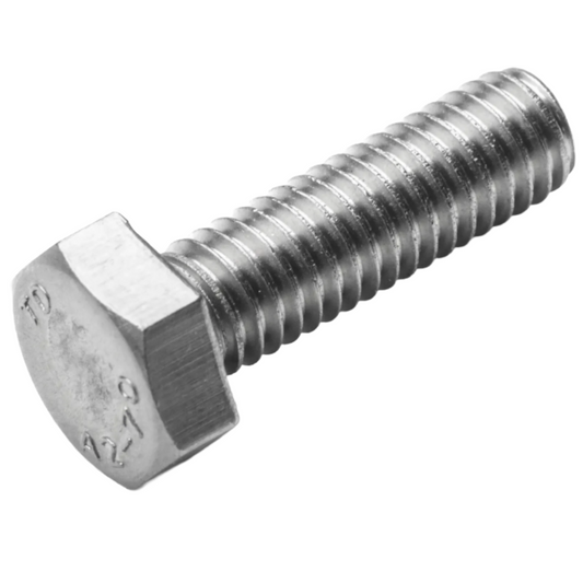 A single hexagonal metal bolt with a threaded shank, shown on a plain white background.