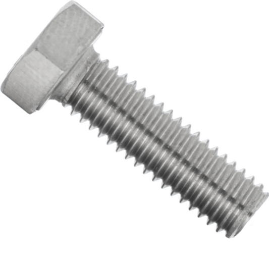 A single metallic hex bolt with a threaded shank, photographed on a plain white background.