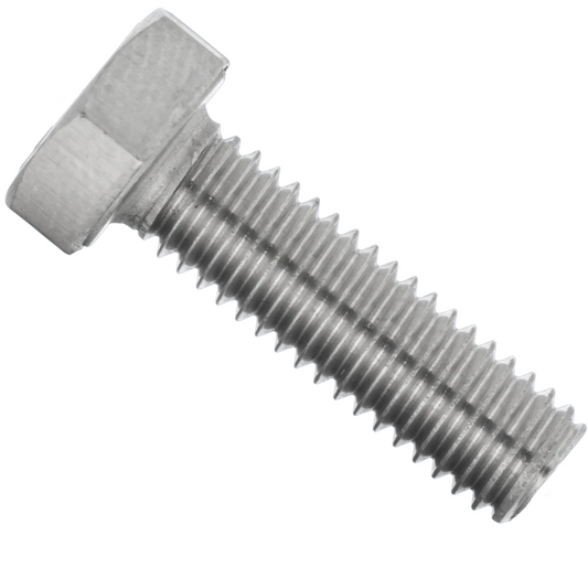 A single metallic hex bolt with a threaded shank, shown diagonally on a plain white background.