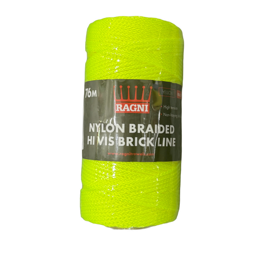 A roll of Ragni nylon braided high-visibility brick line in bright neon yellow or pink, wrapped with a dark label showing the Ragni brand.