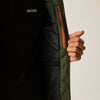 Hand opening a green and black jacket with Regatta branding.
