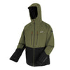 Green and black jacket with a hood on a white background