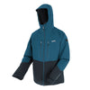 Two-tone blue and black jacket with a hood on a white background