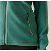 Close-up of a teal fleece jacket with a vertical zippered pocket and a white zipper pull, shown against a light neutral background.